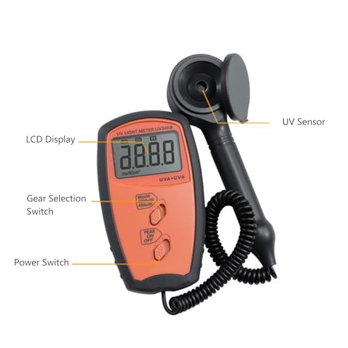 Light Meter, UVA UVB Tester with LCD Display, Portable Meter for Lamp Testing and More for Measuring Light, Test Range: 0-40mW, 290-390nm