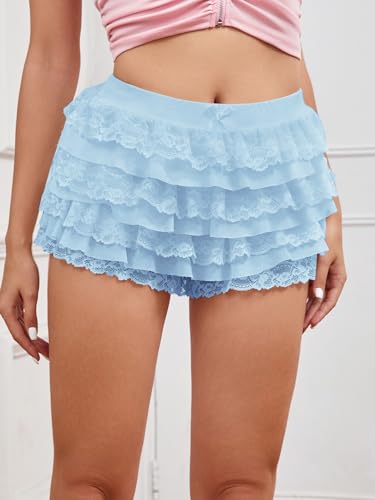 Image of Women Y2K Lace Multi-Layered Bloomers Lolita Ruffle Shorts Cute Mini Skirt | Tiered layers, elastic waist, pumpkin pants, for rave party /country concert /festival