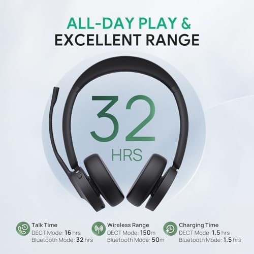 Yealink WH64 Dual-Mode Wireless DECT & Bluetooth Headset with Noise Cancelling Microphone, 606ft Long Range, 32H Talk Time, Work Headphones for Home Office Computer, Desk Phone & Mobile, Teams Zoom - 3