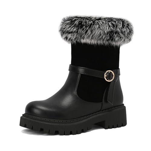 Image of Generisch 2025 Womens Faux Leather Lined Slip On Winter Boots Chunky Low Heel Hiking Boots Women Black 37, black, 4 UK