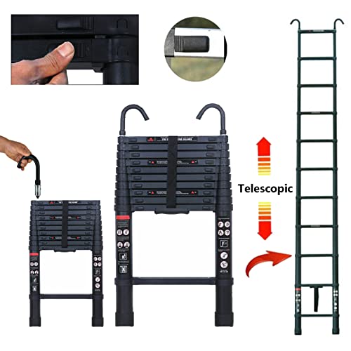 10 Ft Aluminum Telescoping Ladder With 2 Detachable Roof Hooks(2.8 Inch), Lightweight Telescopic Extension Ladder For Home, Multi-Purpose Rv Ladder Loft Ladder Max 330 Lb Capacity, En131 Certificated #TOP2