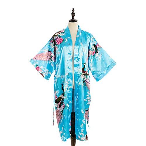Asian Home Flower Peacock Satin Silk Kimono Robe, Dressing Gown, Bridal, Gift (Blue) - Thumbnail 2