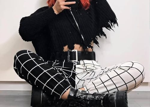 Women's Casual Mid-Rise Plaid Wide Leg Lounge Long Pant Loose Classic Color Block Print Elastic Waist Pants3