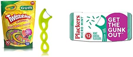 GUM Crayola Twistables Flossers,Fluoride Coated,Twisted Fruit Flavors,Ages 3+,90 Count - 859R & Plackers Micro Mint Dental Floss Picks with Travel Case,12 Count (Color may vary)