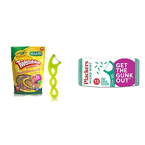 Gum Crayola Twistables Flossers,Fluoride Coated,Twisted Fruit Flavors,Ages 3+,90 Count - 859R & Plackers Micro Mint Dental Floss Picks With Travel Case,12 Count (Color May Vary) #TOP21