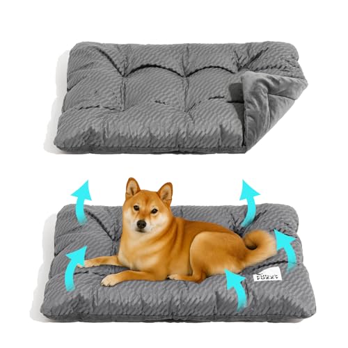 FUNNY FUZZY Washable Dog Crate Pad 35.4x22.8, Double-Sided Cooling Linen & Sherpa, Flat Crate...