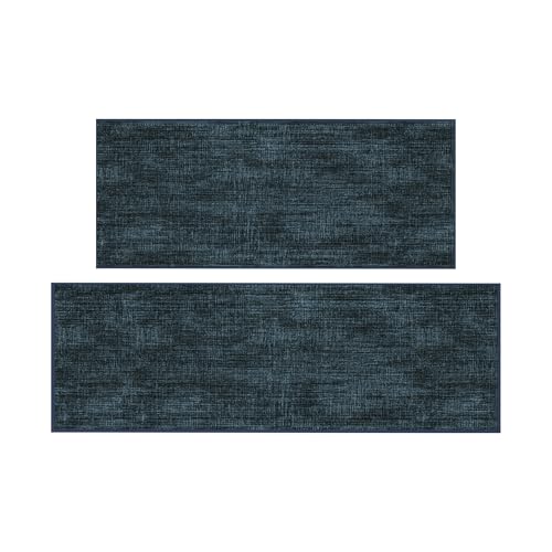 Ottomanson 2-Piece Machine Washable Kitchen Rug Set, Non Slip Kitchen Floor Mats & Runner, Low Profile, for Sink, Stove & Kitchen Island, 22.5" x 48" + 22.5" x 60", Tonal Charcoal Navy