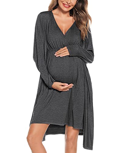 Image of SWOMOG Women Maternity Nursing Gown and Robe Set 3 in 1 Labor Delivery Nursing Nightgown for Breastfeeding Hospital Bathrobe