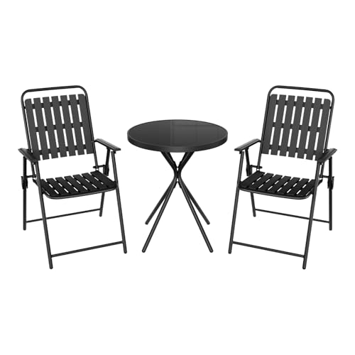 WOLTU Salon de Jardin 3 Pièces, Table et 2 Chaises Pliables avec Accoudoirs, Structure en Métal Résistant aux Intempéries, pour Terrasse, Balcon et Patio,...