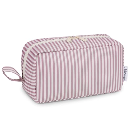 Image of Narwey Cute Makeup Bag Small Toiletry Bag Travel Cosmetic Bag Organizer Make Up Bags with Organized Pockets for Women (Dusty Rose Stripe, Large)