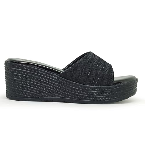 Image of WFS Women's Black 2.5 Inch Wedge Heel Slip-On Fashion Sandals - Shimmer Finish
