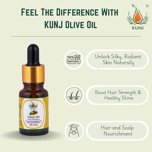 Image of KUNJ Olive Oil (Olea europaea) 10ML - 100% Pure & Natural, Cold Pressed, Undiluted - Therapeutic Grade Carrier Oil for Skin Care, Hair Nourishment, Massage & Hydration