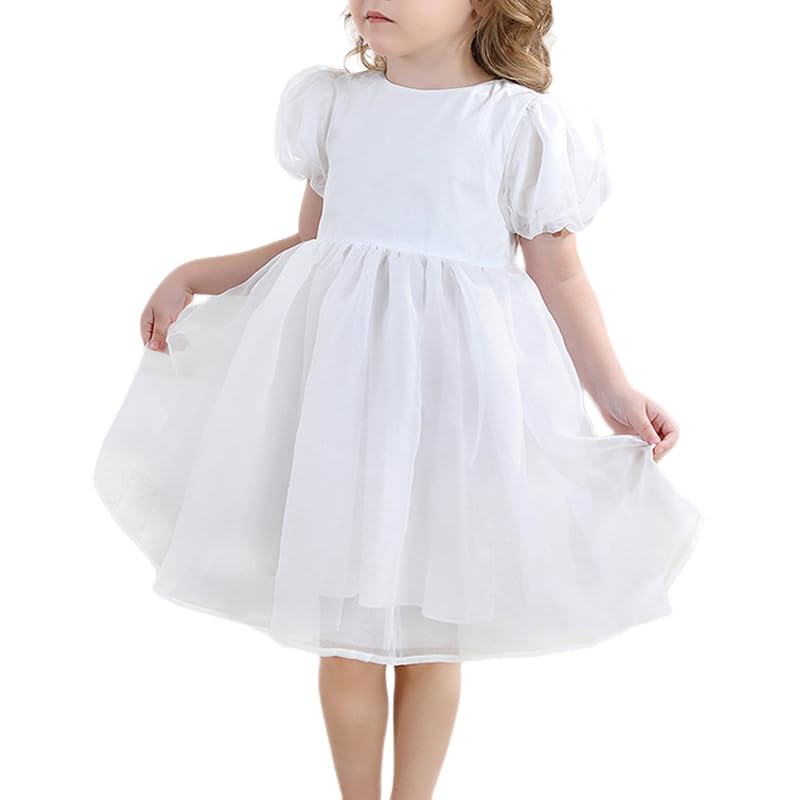 Girls Puff Sleeve Birthday Dress Toddler Tulle Tutu Short Sleeve Party Dressy Flower Girls Dresses for Wedding 1-8Y