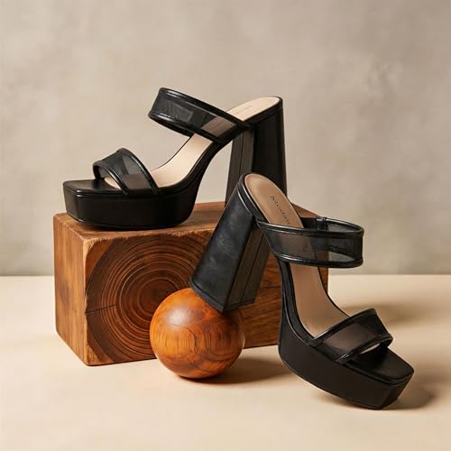 Platform Chunky Heels Women Square Toe Two Strap Sandals,Black Mesh,7.5 by Modatope - Used condition - Image 2