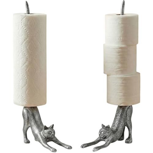 Comfify Yoga Cat Decorative Paper Towel Holder or Toilet Paper Holder - Adorable Downward Dog Pose Kitty- Cast Iron Paper Towel Stand - Antiqued Cast Iron White Color - 18.5" - Silver with Black