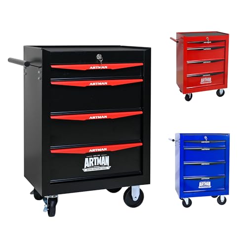 ELIHGTBY Servante d’Atelier à 4 tiroirs sur roulettes, Chariot d’Atelier Mobile Vide, Armoire à Outils à Verrouillage centralisé pour Atelier et Garage,Noir & Rouge