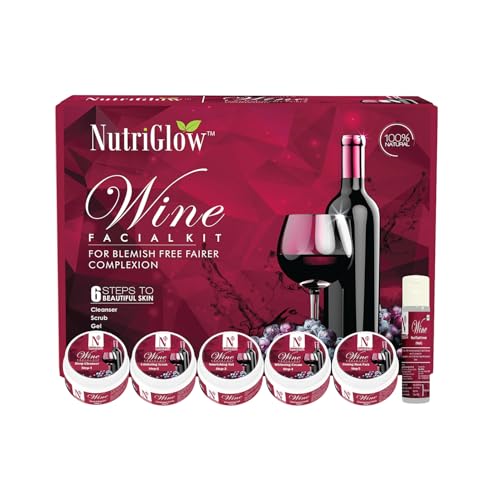 NutriGlow Wine Facial Kit 6-Pieces Skin Care Set with Deep Cleanser Exfoliating Scrub Nourishing Gel Whitening Cream Mask Pack And Face Serum for Anti Aging Skin Care Kit For Women 8.5OZ+0.3Oz