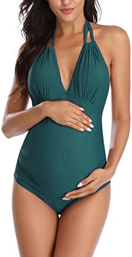 EastElegant Maternity Swimsuits One Piece V-Neck Pregnancy Swimwear Halter Maternity Bikini (Peacock Blue,Large)