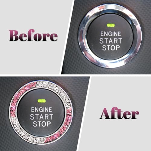 Image of ToBeQueen White Pink Bling Push Start Button Cover Emblem Sticker, Crystal Diamond Rhinestone Push Start Ring Car Decor, Pink and White Bling Car Accessories