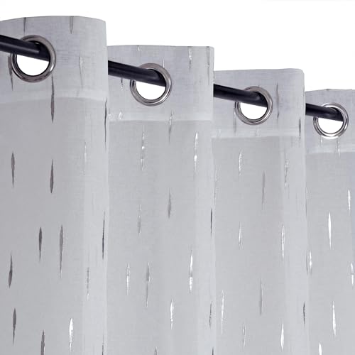 Atout Ciel Rideau Voilage imprimé Argent à œillets 140x240cm prêt à Poser, Blanc