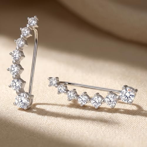LisiZen Silver Tone Ear Climber Earrings for Women, Round Cubic Zirconia Crawler Earrings, Elegant Minimalist Jewelry — view 3