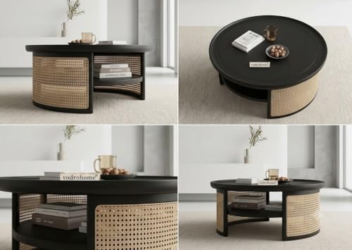 Image of Rattan Coffee Table - Cane Center Table with Shelf for Storage - Bohemian Solid Mango Wood Coffee Table for Office and Living Room C#042 (Matte Black)