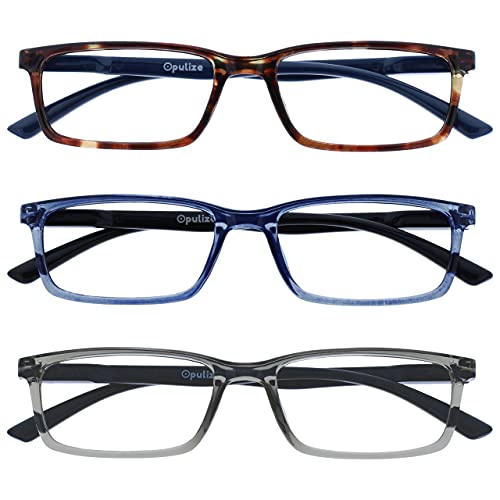 Image of OPULIZE SEE Reading Glasses with Blue Light Blocking for Women and Men, Narrow Frame, Spring Hinges, Computer Gaming Glasses, Brown,Blue,Grey +3 (Pack of 3)