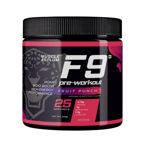 Image of Muscle Asylum F9 Series Pre-Workout Powder | 200g, 25 Servings | Fruit Punch | With Genuine Lab Reports | Boosts Energy & Endurance | Improves Focus | Revs Up Recovery | 1.5g Bcaa | 750mg Alanine | with 300mg Caffeine Per serve