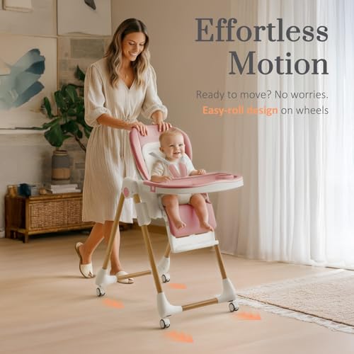 Image of Mallify Foldable High Chairs for Babies and Toddlers, 3-in-1 Convertible Baby High Chair with Removable Soft Cushion and Tray, Adjustable Height & Recline, Lockable Wheels, Pink