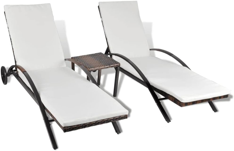 Sun Loungers with Table,Outdoor Lounge Chairs,Garden Sunlounger,Outdoor Daybed,Beach Lounge Chair,Outdoor Bed,Sun Lounge Bed,Backrest Adjustable,for Beach,Patio,Backyard, Poly Rattan Brown