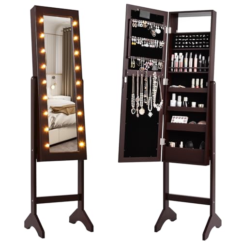 HOMASIS Armadietto Portagioie da Terra, Specchiera Portagioie con Luci LED, Specchio Contenitore con Cornice, Specchio Porta Gioielli per Caemra da Letto, Bagno, Armadio per Cosmetici (MARRONE)