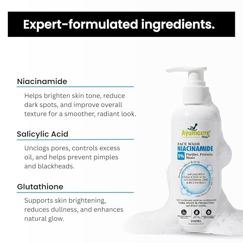 Image of Ayumcure 5% Niacinamide Face Wash 200g | with 0.5% Salicylic Acid, Glutathione, Zinc & Rice Extract | Anti-Acne, Brightening Cleanser for Combination & Oily Skin | Unisex Daily Face Wash (Pack of 2)