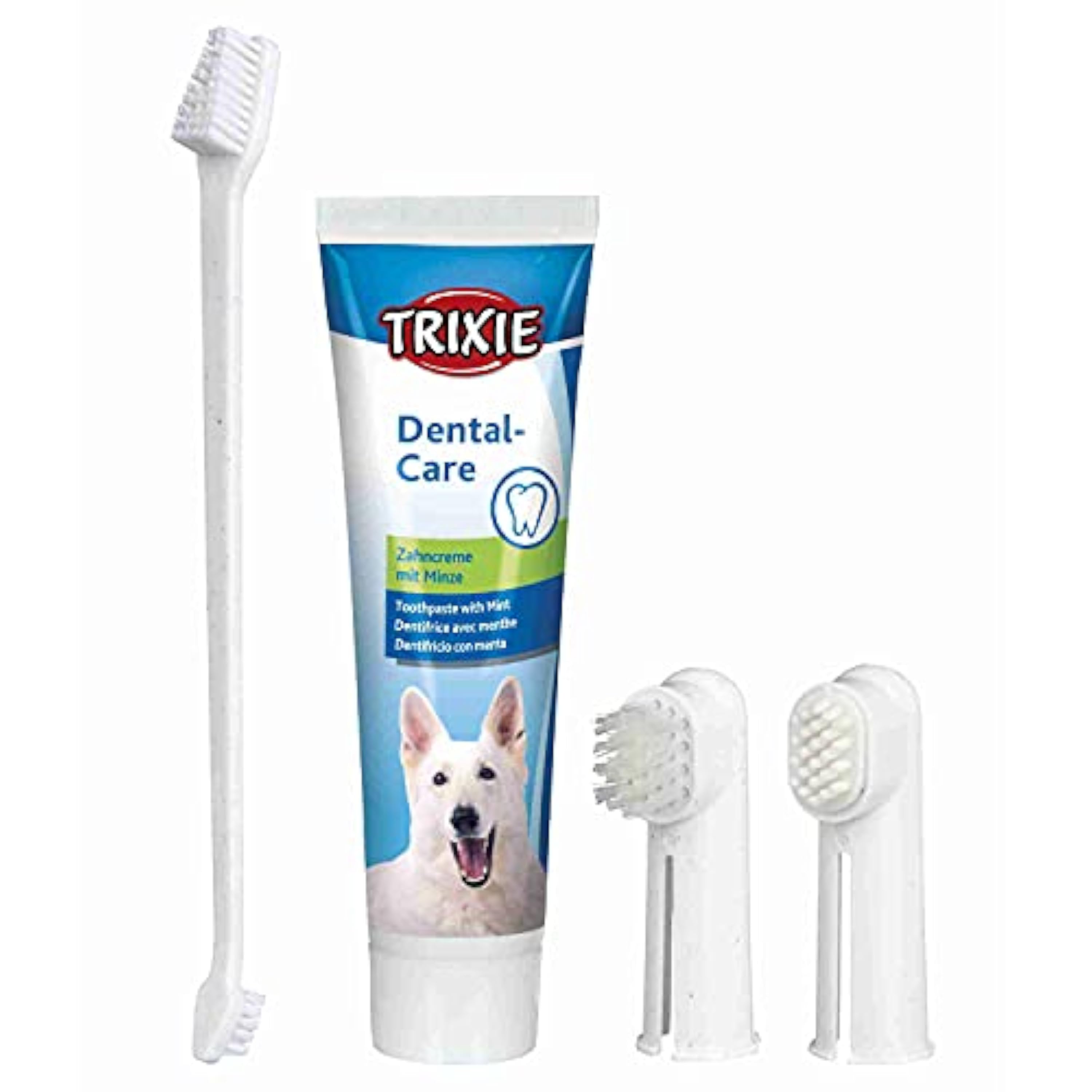 TRIXIE – Set Higiene Dental para Perros, Pasta Dental con Menta (100 g), Cepillo Dedo y Cepillo Masajeador, Cuidado Bucal Completo, Prevención de Placa y Mal Aliento