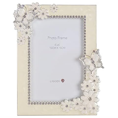 LASODY - Cornice portafoto in metallo argentato con fiori e farfalle, con smalto bianco e cristalli, 4 x 6 cm Cover