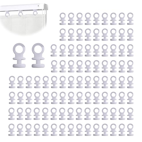 100PCS White Plastic Curtain Hooks, Heavy Duty Curtain Track Gliders Rail Hooks, Curtains Runners and Sliders Accessories for Pencil Pleat, Net, Shower Curtains(Head 9mm)