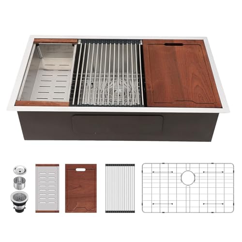 Lordear 33' Undermount Kitchen Sink 33 Inch Stainless Steel Kitchen Sinks Workstation Round Corners 16 Gauge Single Bowl 33x19x10 Inch Undermount Kitchen Sink with 2mm Thick Plate