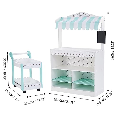 Image of Teamson Kids My Dream Bakery Shop Dessert Stand and Rolling Pastry Cart Interactive Wooden Play Set with 18 Pretend Baked Goods, White and Mint Green with Gray Polka Dot Accents