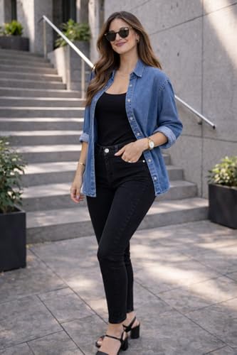 Image of FUNDAY FASHION Women Oversized Fit Solid Casual Denim Shirt