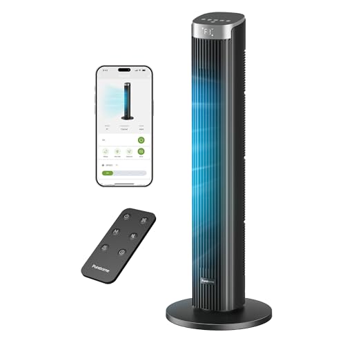 Pureborne 36 Smart Tower Fan with Remote App & Touch Control Silent Tower Fans for Sleeping Capable of 25ft/s LED Display 90 Oscillating Tower Fan for Bedroom & Office 12-Hour Timer Black