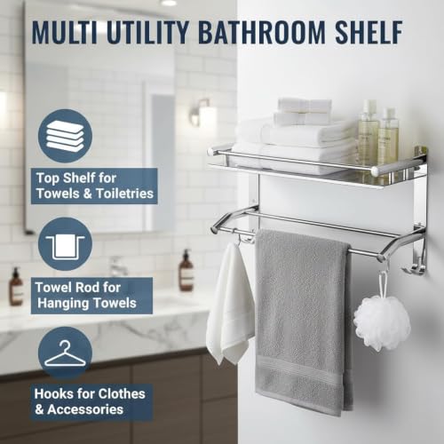Image of Filox Premium Stainless Steel 1 Tier Bathroom Shelf Organizer | Wall Mount Bathroom Rack with Dual Towel Bar & Integrated Hooks | Multipurpose Kitchen Storage Stand & Towel Holder