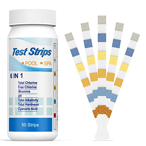 Ehomfy 50 Tiras pH Reactiva Piscina 6 en 1, Medidor de ph y Cloro, Analizador Cloro, pH, alcalinidad, dureza, ácido cianúrico, para Piscina, SPA, bañera