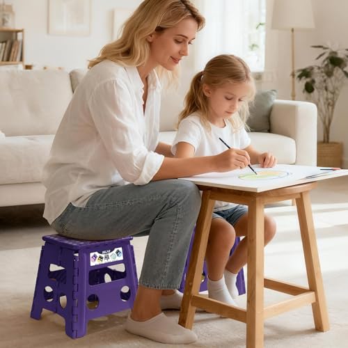 Image of Delxo Folding Step Stool, 13 inch Non-Slip Foldable Stools Up to 300 LBS, Step Stool with Handle, Lightweight for Kitchen, Bathroom, Bedroom, Garden, Purple, 1PC