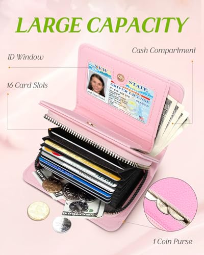 Image of Bistup Leather 12 Slot Accordion Card Holder Wallet, Pink 13 | Accordion Storage, Zipper Around Closure, Compact Patterned Wallet for IDs, Cards, Cash, Daily Carry and Gifts