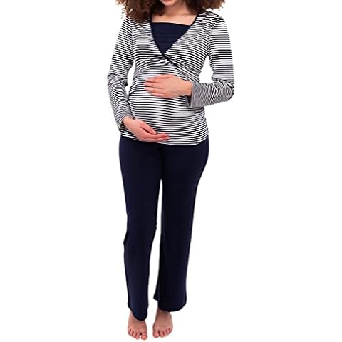 Herzmutter Stillpyjama-Umstandspyjama - Gestreifter Schlafanzug für Damen - weiche Nachtwäsche für Schwangerschaft - Stillfunktion - Langarm - 2100 (XL, Weiß/Blau) Cover