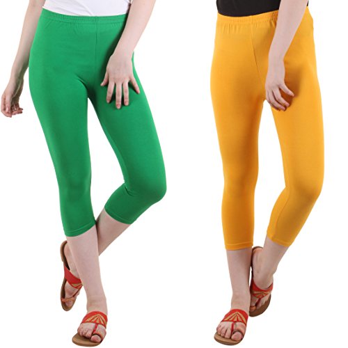 Image of DIAZ Women Cotton Stretchable Capri | Slim /Regular Fit | Breathable Yoga, Gym & Lounge Wear | High-Waist Stretchable 3 /4 Length Leggings with Wide Waistband - Pack of 2