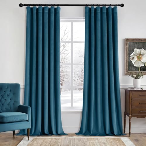 Image of MIULEE Velvet Curtains 50W x 90L 2 Panels Peacock Blue Blackout Curtains | Luxury velvet fabric, pinch pleat design, back tab hooks, thermal insulated, blackout light blocking, for living room bedroom