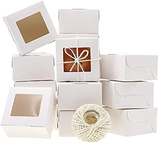 25 Pack White Bakery Box and 100 M Rope with Display Window Paper Board Cardboard Gift Packaging Boxes for Pastries, Cookies, Small Cakes, Pie, Cupcakes, and More(4 x 4 x 2.5 Inch)(10x10x6cm)