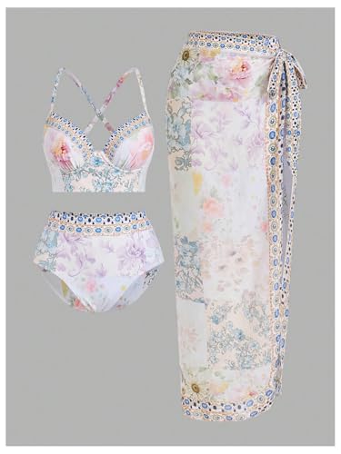 Women's 3 Piece Bikini Set Boho Floral Criss Cross Backless Swimsuit Bathing Suit with Cover Up4