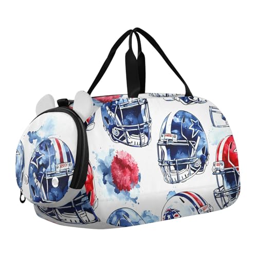 Gym Travel Duffle Bag for Boys Girls Football Helmet Pattern Red Blue Sports Dance Bag with Shoe Compartment & Wet Pocket Football Kids Travel Bag Teens Sleepover Carry