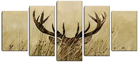 5 Panels Deer Canvas Print Wall Art Animal Painting Picture with Frame for Living Room Bathroom Bedroom Office Decor (Yellow, 12x20inchx2,12x26inchx2,12x32inchx1)